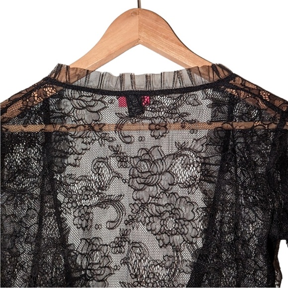 Betsey Johnson Black Lace Bell Sleeve Tulle Front Tie Waist Crop Blouse - Picture 10 of 16